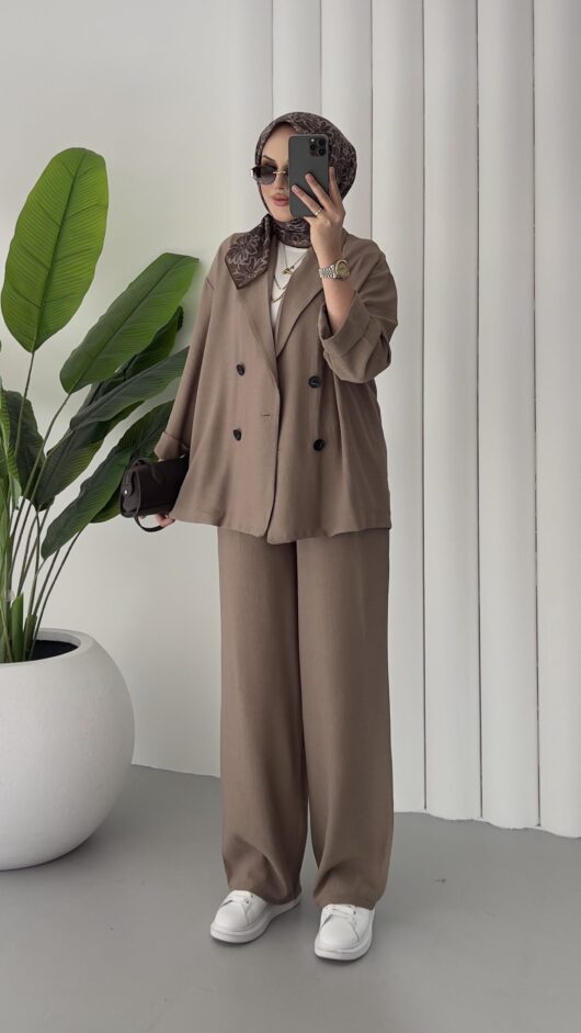 Premium Krınkıl Oversize Ceket ikili Takım – Kahverengi